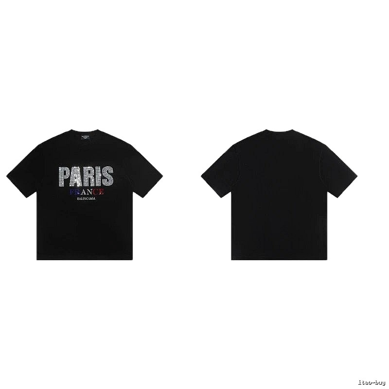 Balenciaga PARIS Rhinestone-Embellished Streetwear Black T-Shirt