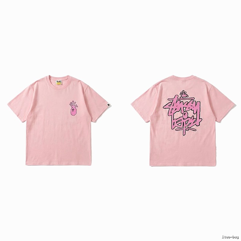 Bape Crown Print Trendy Cool Pink T-shirt