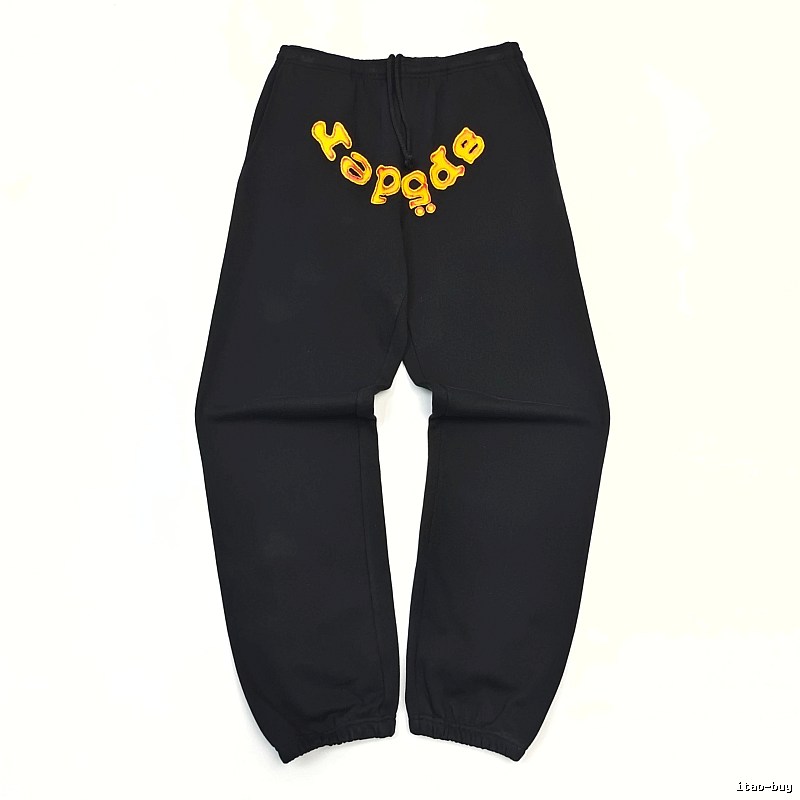 Bold Yellow Wordmark Graphics And Cuffed Hems Black Sp5der Logo Sweatpants