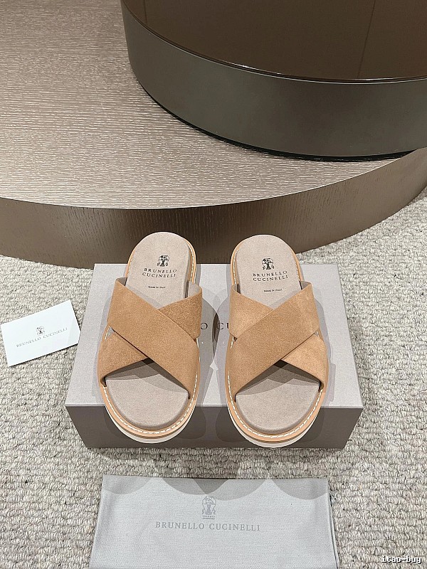 Brunello Cucinelli Casual-style Camel Cross-strap Slide Sandals