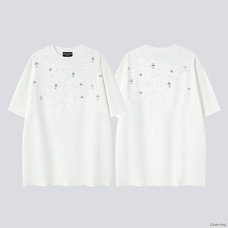 Chrome Hearts Cross Hot-Fix Rhinestone Street Style White T-Shirt