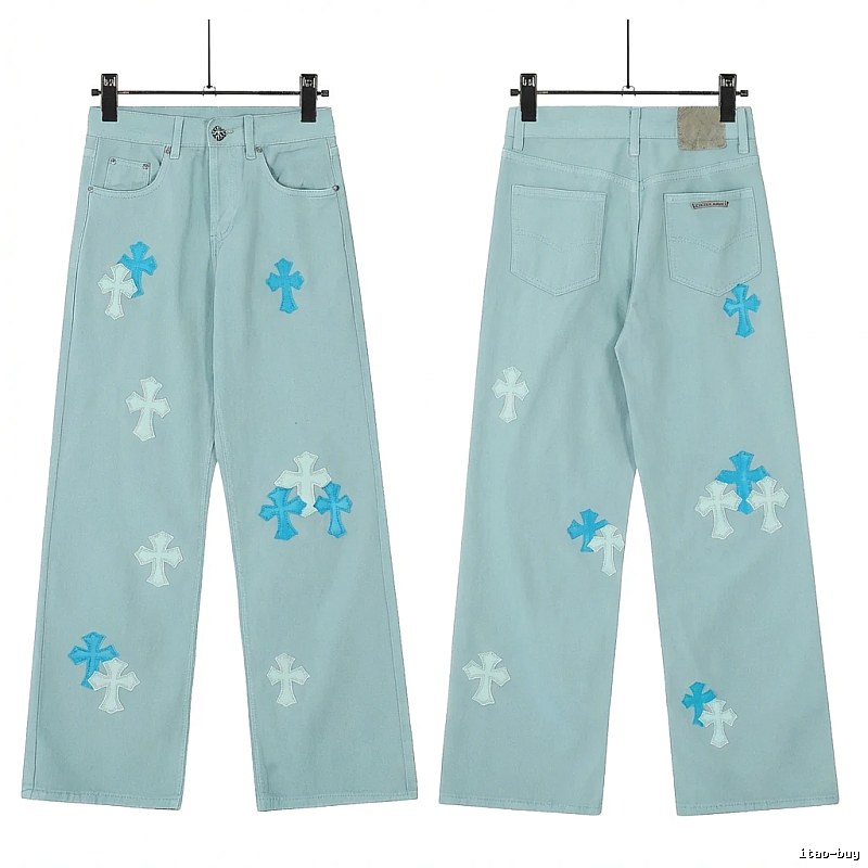 Chrome Hearts Cross Trend Brand Light Blue Jeans