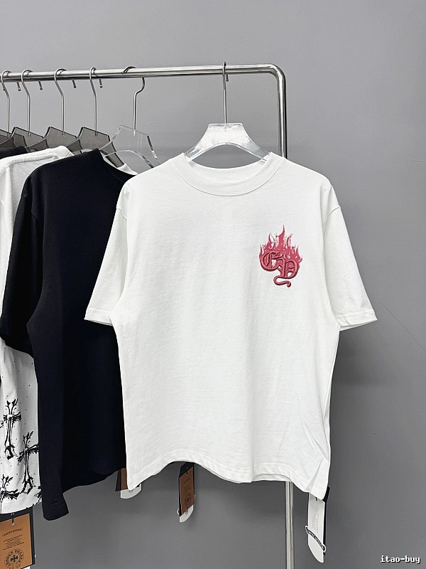 Chrome Hearts Flame-Embroidered Street Style White Short-sleeve T-shirt