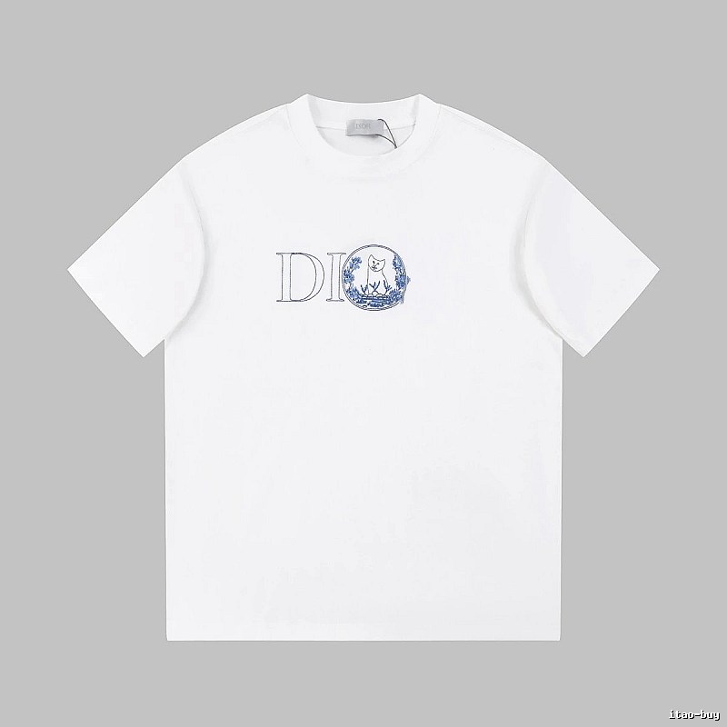 Dior Cat-Embroidered Light Luxury Style White Short-sleeve T-shirt