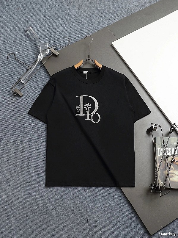 Dior Co-branded Embroidered Light Luxury Style Black Short-sleeve T-shirt