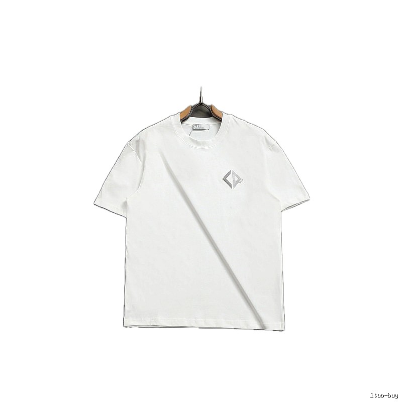 Dior Diamond Check Embroidered Minimalist Style White Short-Sleeve T-Shirt
