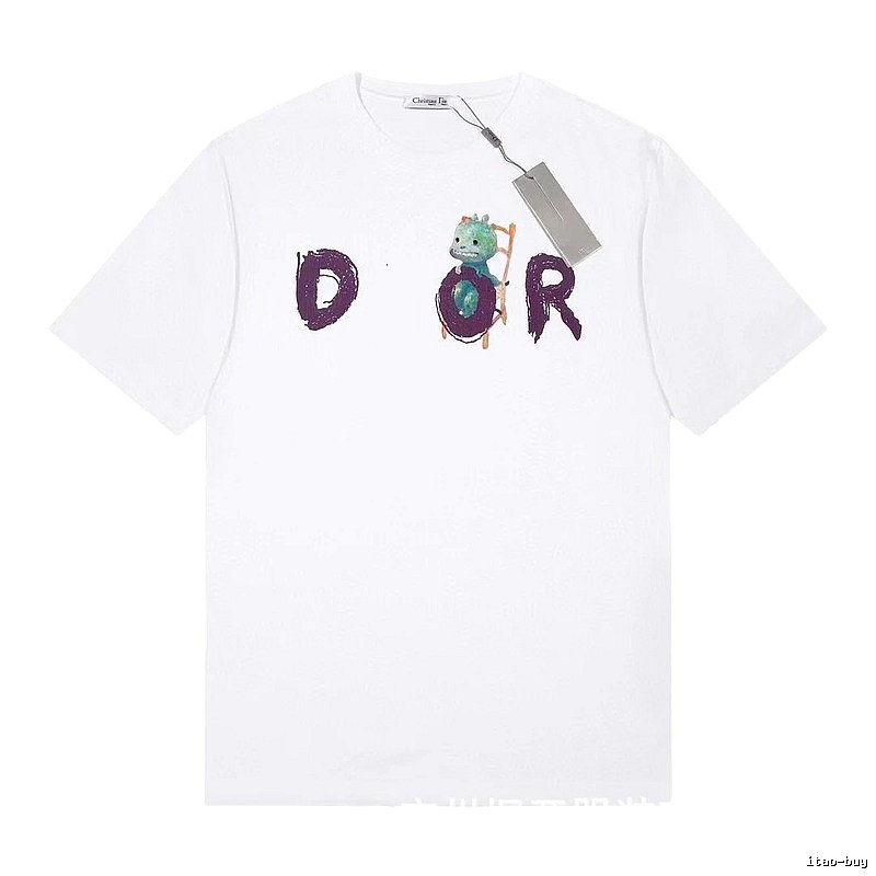 Dior Dinosaur Graffiti Cool Trendy White Short-sleeve T-shirt