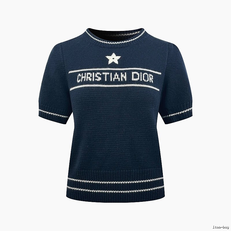 Dior Short Sleeve Knit Sweater with Cream Trim and Star Detail