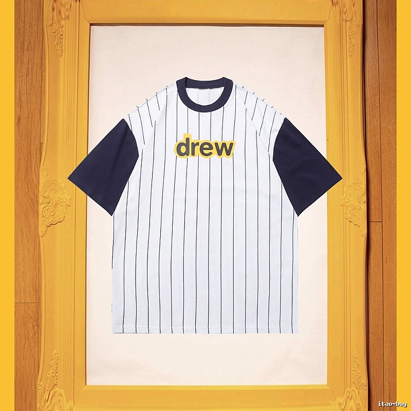 DREW Letter Print Street Style White and Navy Blue Short Sleeve T-Shirt
