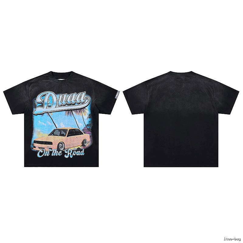 DUAA Road Sports Car American Retro Distressed Black T-Shirt