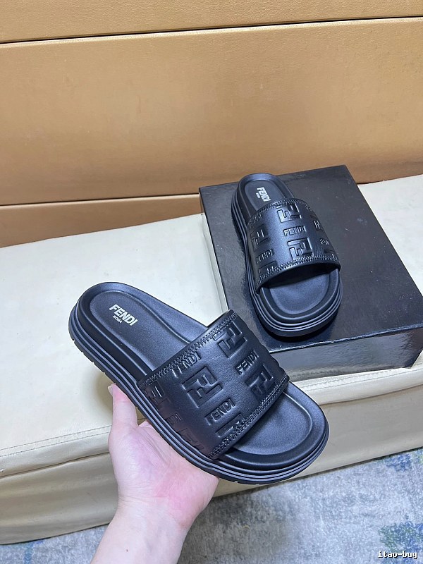 Fendi Double F Embossed Light Luxury Style Black Slide Sandals