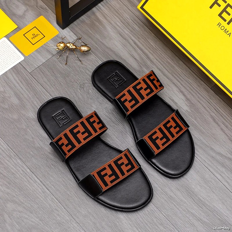 Fendi FF Monogram Streetwear Style Black and Brown Color-block Slide Sandals