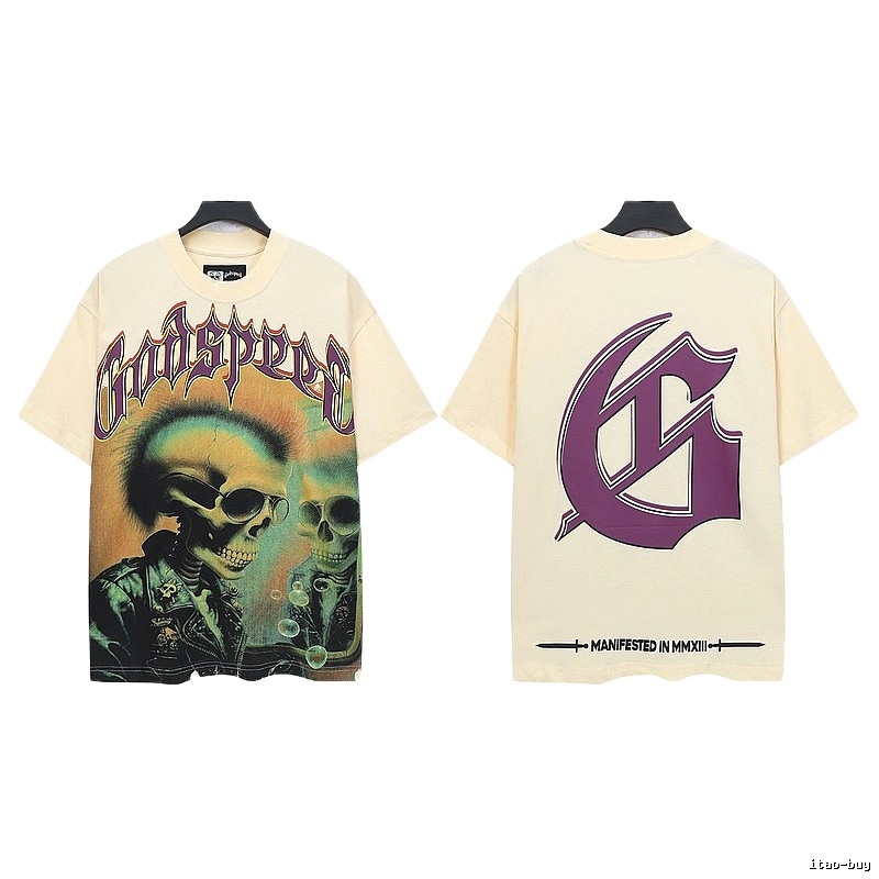 Godspeed Skull Print Gothic Style Beige Short Sleeve T-Shirt