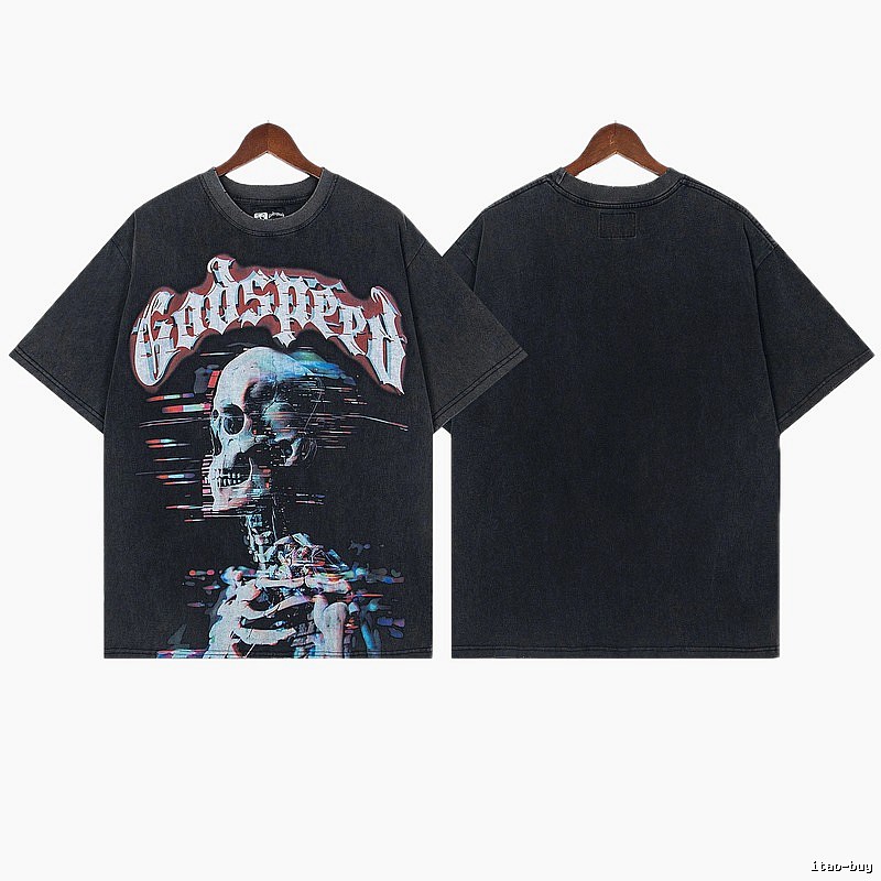 Godspeed Skull Print Street Style Distressed Black T-Shirt