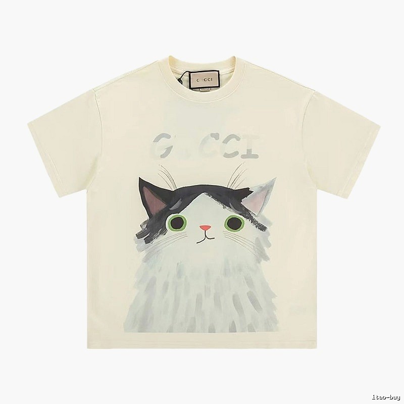 Gucci Cat-Print Casual Off-white Short-sleeve T-shirt