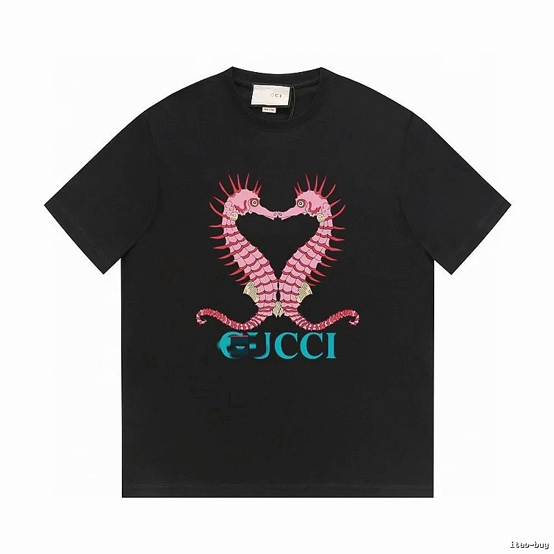 Gucci Double Seahorse Print Trendy Style Black T-Shirt