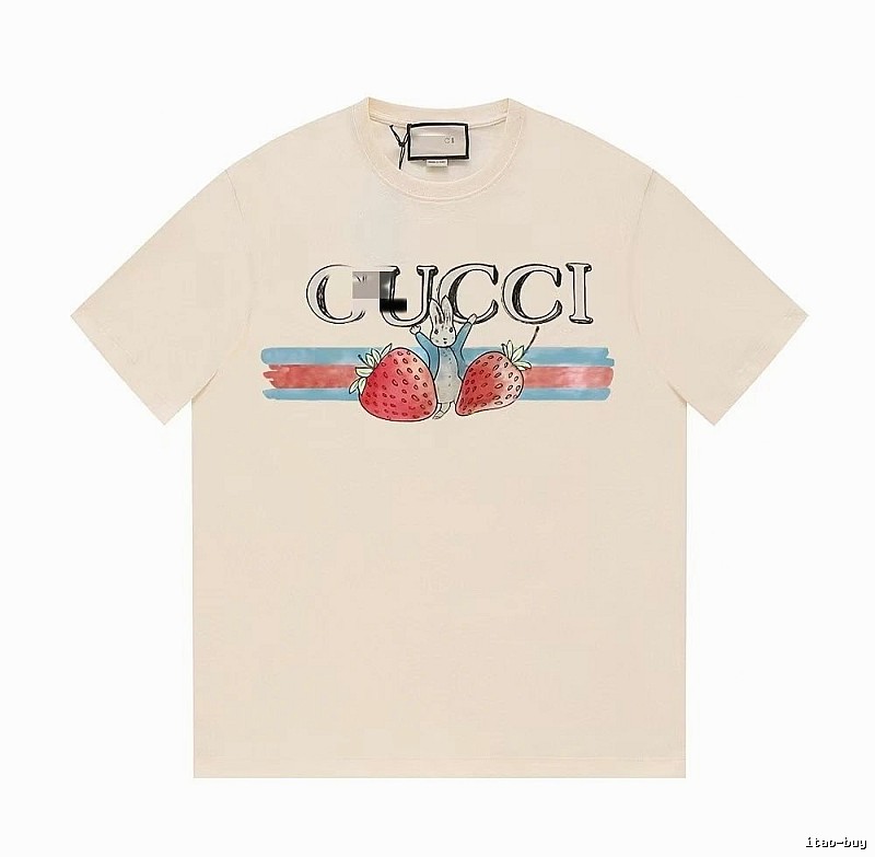 Gucci Strawberry Rabbit Print Vintage Off-white Short Sleeve T-Shirt