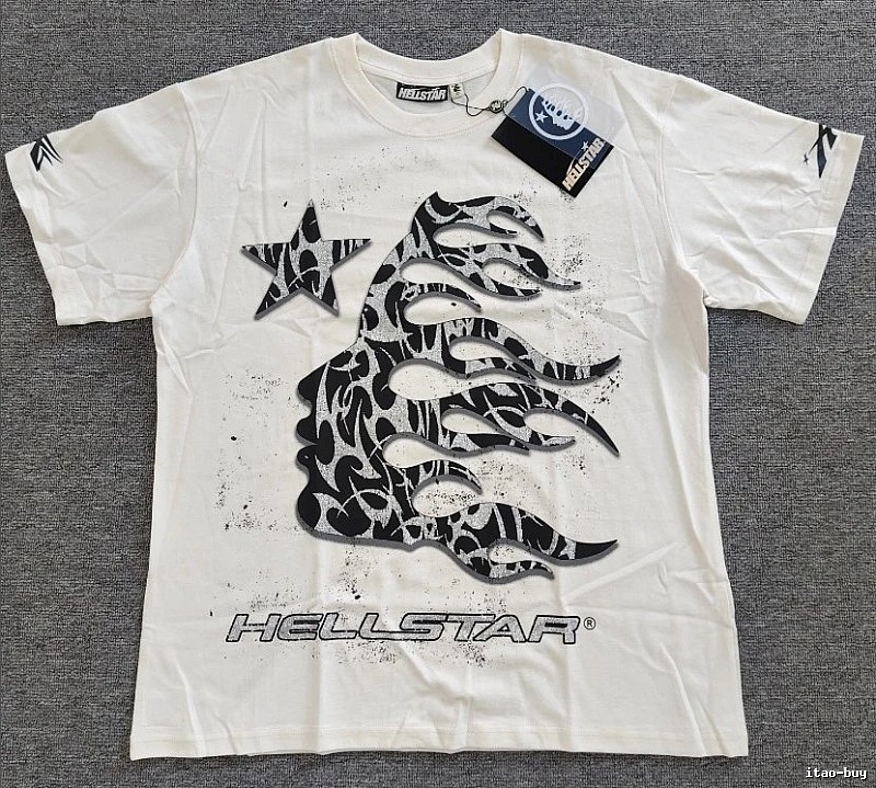 Hellstar Flame Print Street-style Off-white T-shirt