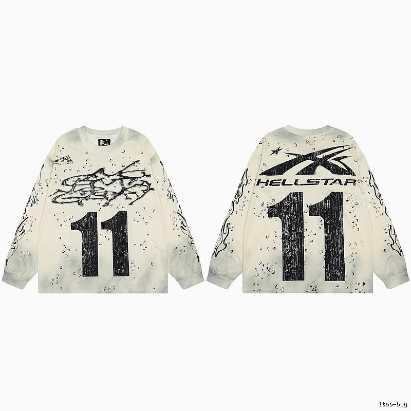 Hellstar No.11 Distressed Street Style Off-white Long Sleeve T-shirt