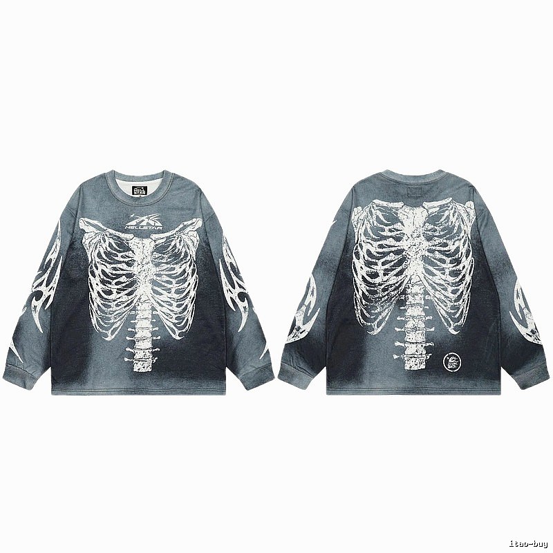Hellstar Skull Print Street Style Vintage Grey Long Sleeve T-shirt