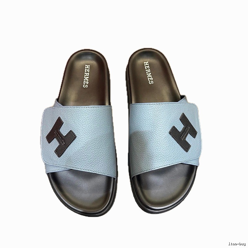 Hermès Classic H Casual Style Dusty Blue Slide Sandals