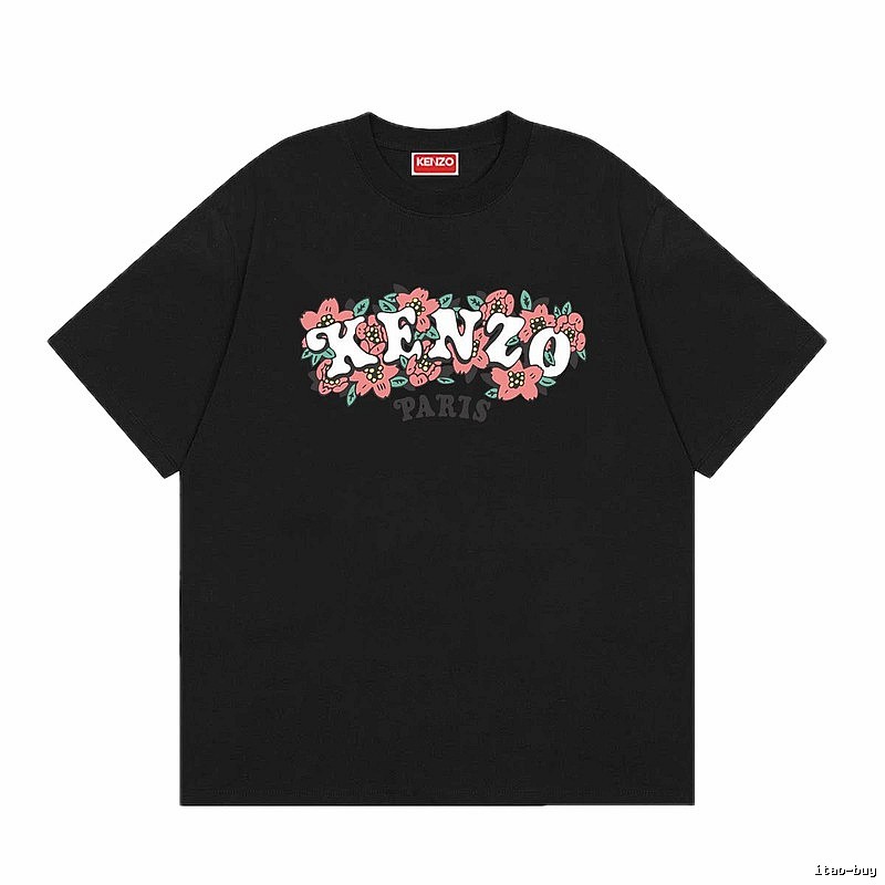 KENZO Floral Print Casual Trendy Black Short Sleeve T-shirt