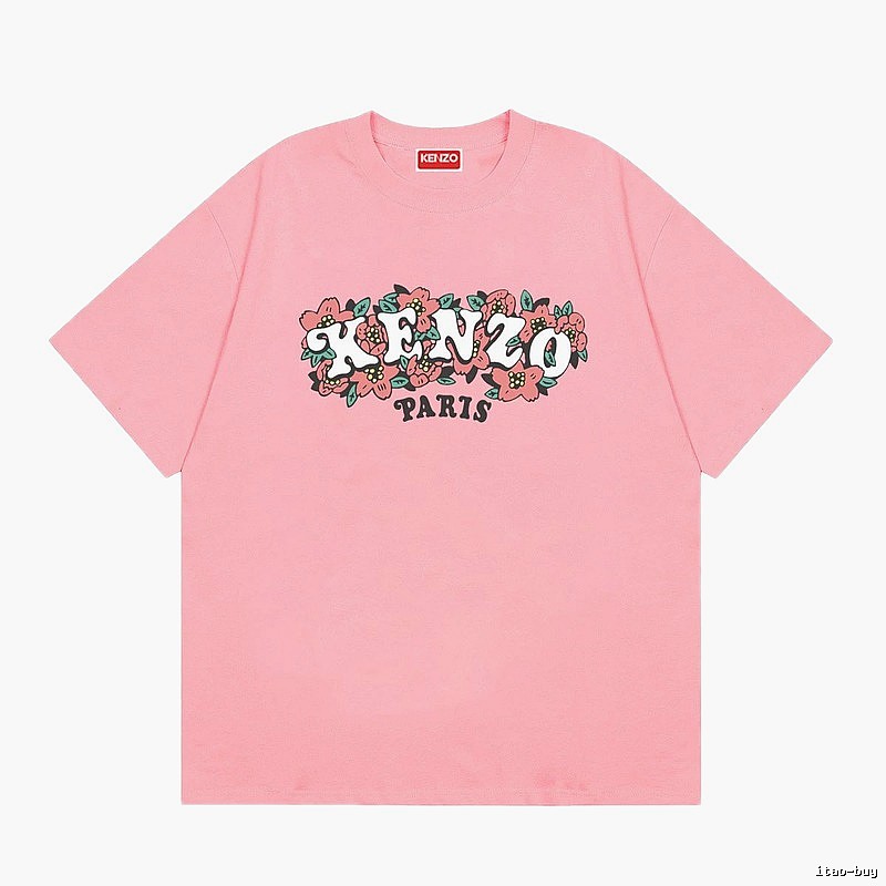 KENZO Trendy Pink Floral Print Short Sleeve T-shirt