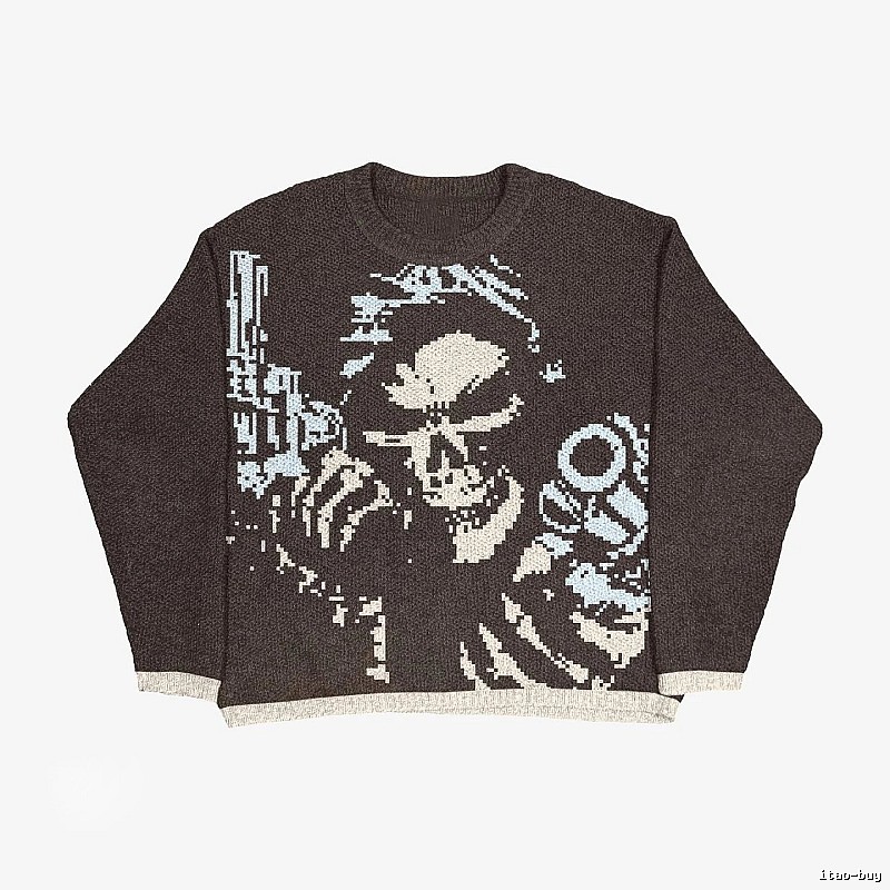 Lightweight Anime graphic sweater Black Knit Top for Gift Ideas
