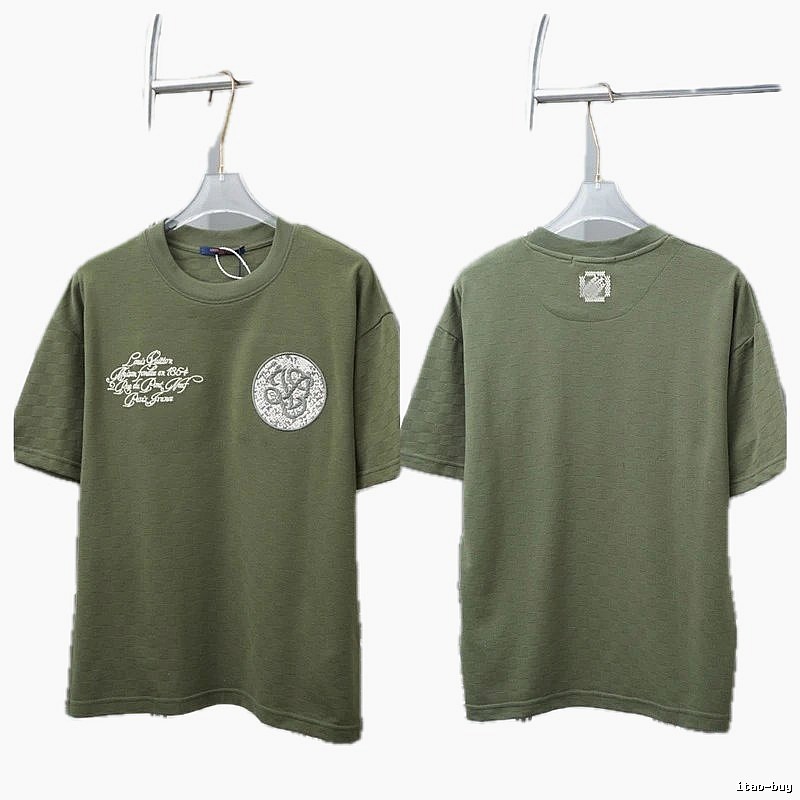 Louis Vuitton Embroidered Badge Casual Style Army Green T-Shirt