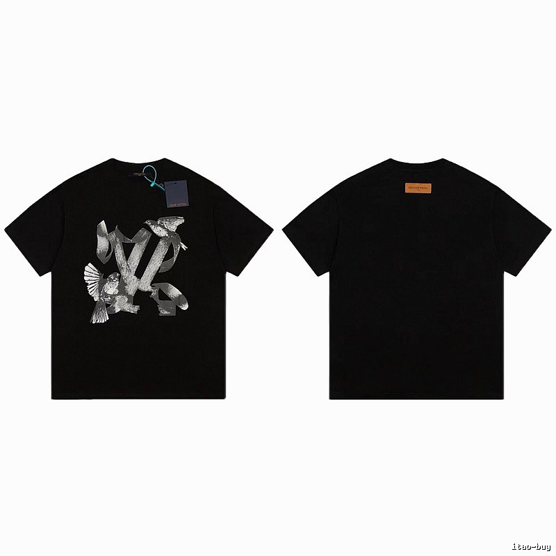 Louis Vuitton Flying Birds Collection Street Style Black T-Shirt