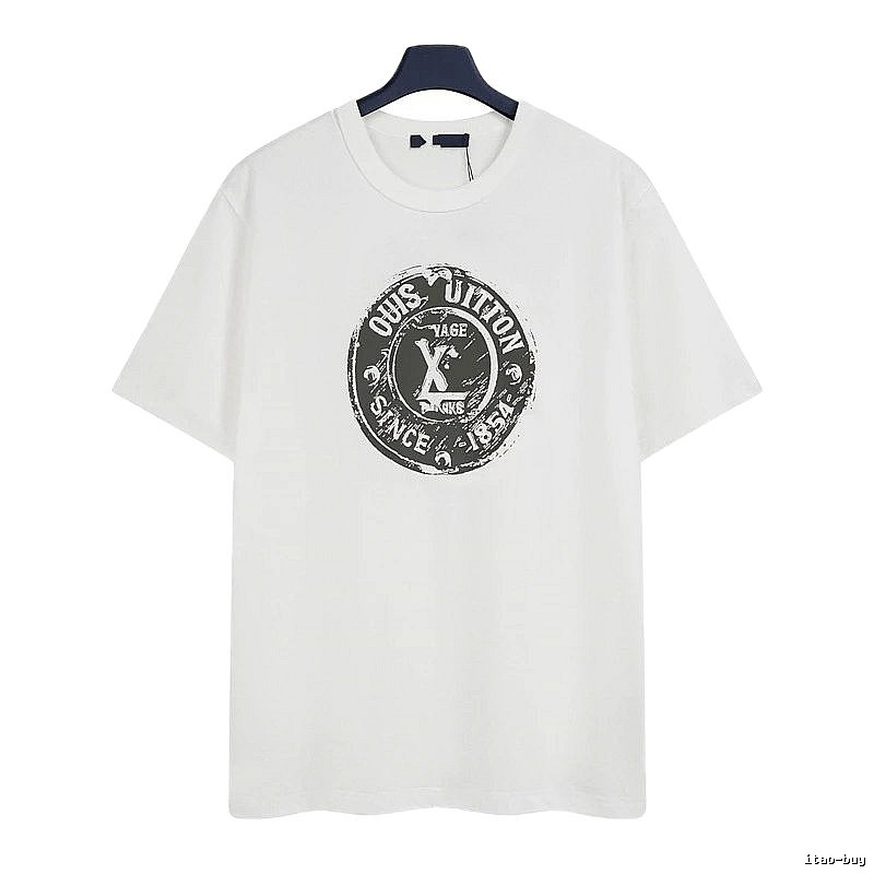 Louis Vuitton Vintage-style Distressed Stamp Print White T-Shirt