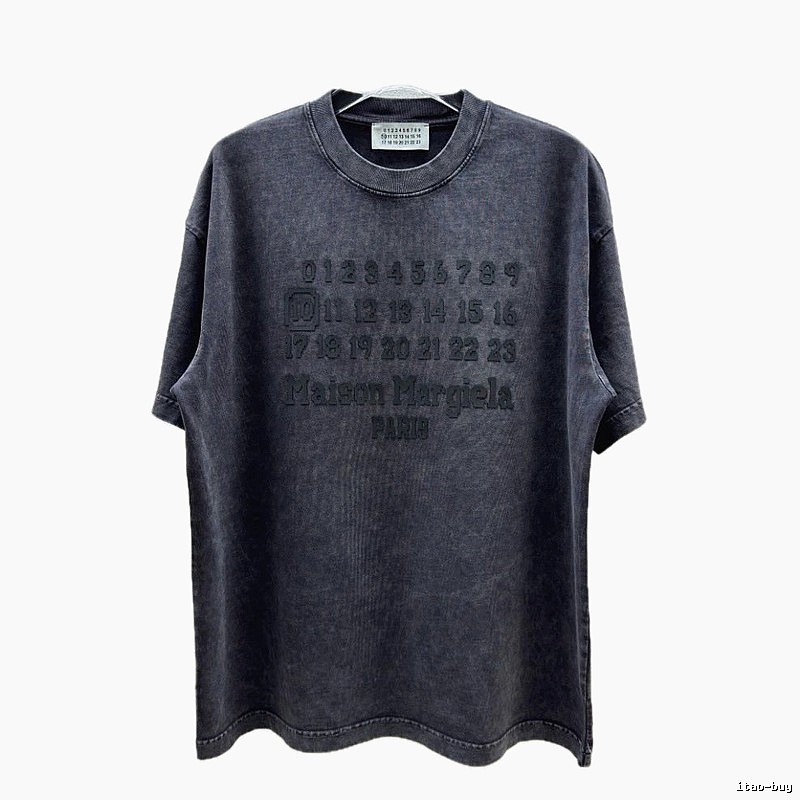Maison Margiela Numbered Distressed Charcoal Gray Short Sleeve T-Shirt