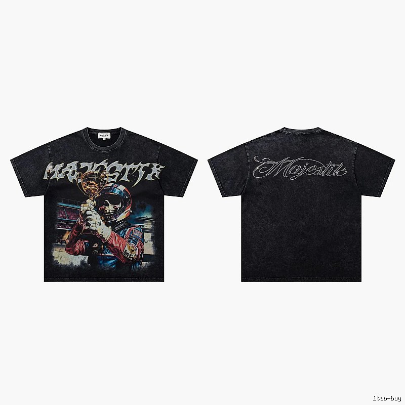 MAJESTIK Skull Racing American Vintage Black T-Shirt