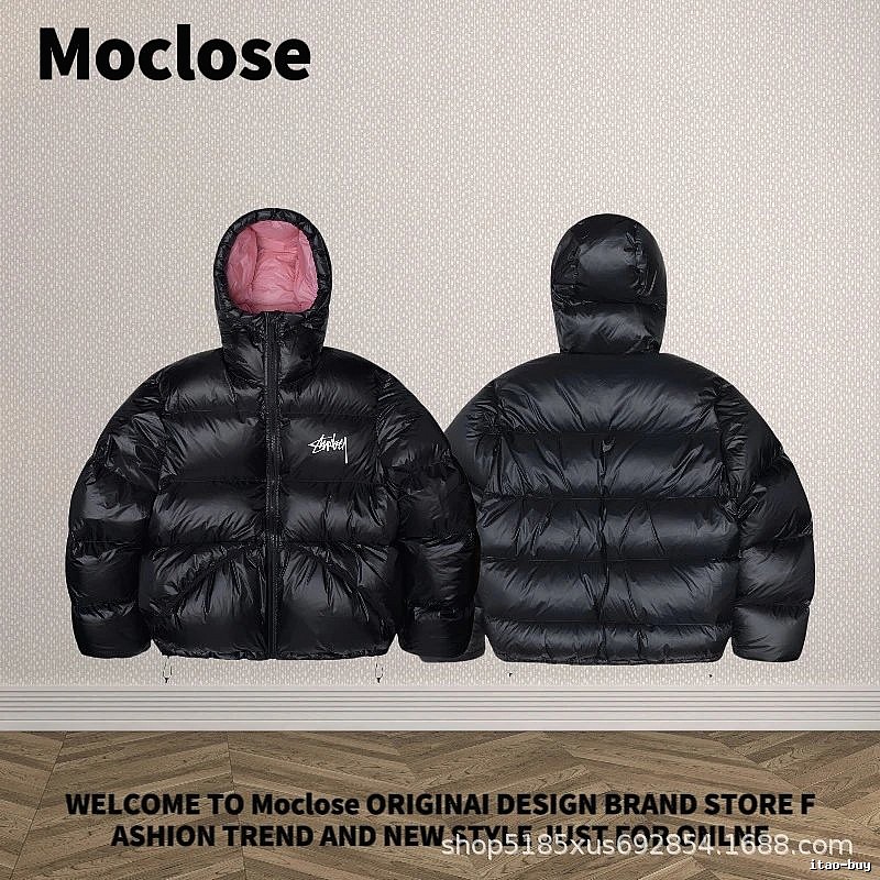 Moclose Casual Puffer jacket Black Glossy Hooded for Streetwear Looks