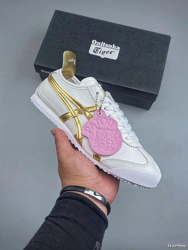 Onitsuka Tiger Low-Top Sneakers in White and Gold with Vintage-Inspired Shape
