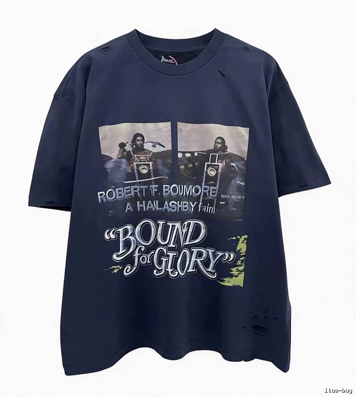 Paly Hollywood Printed Vintage Navy Blue Short Sleeve T-shirt