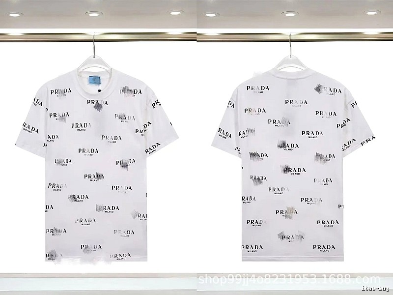 Prada All-over Print Streetwear Style White Short-sleeve T-Shirt