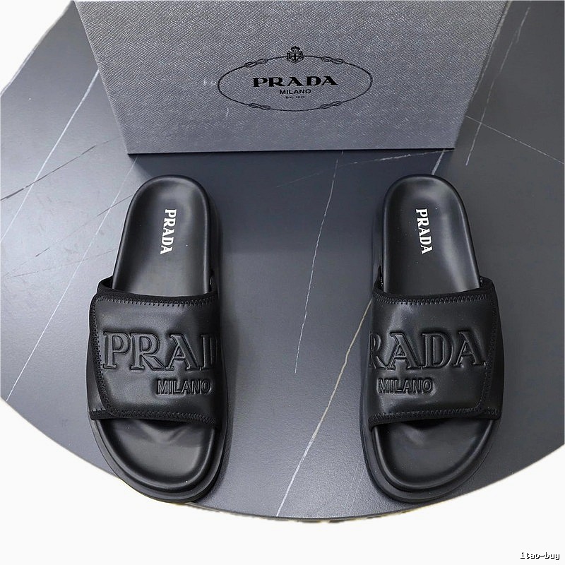 Prada Embossed Trendy Cool Style Black Slippers
