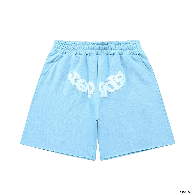 Sp5der letter-style light blue shorts