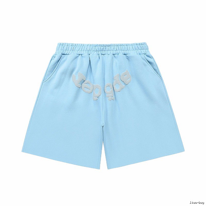 Sp5der letter-style light blue shorts
