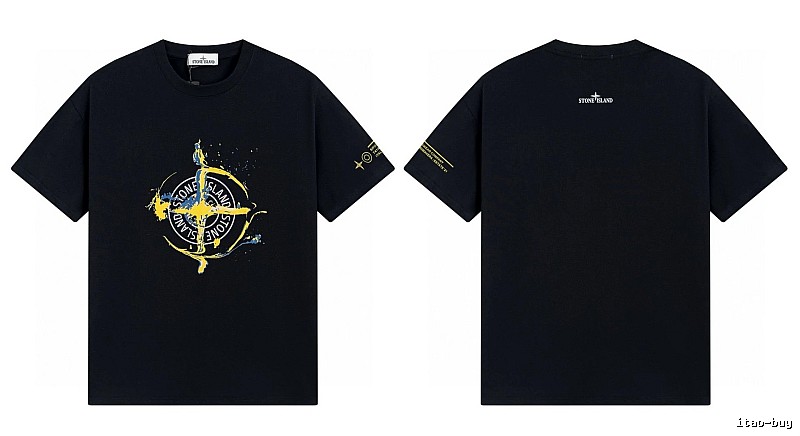Stone Island Ink-splattered Street Style Black Short-sleeve T-shirt