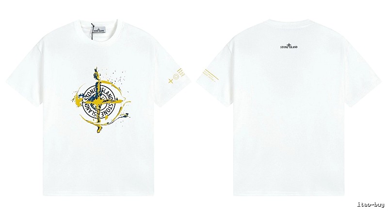 Stone Island Ink-splattered Trendy Style White T-shirt