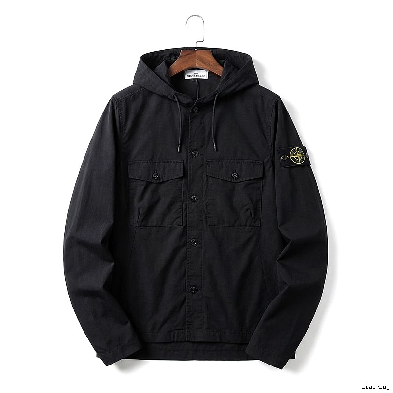 Stone Island Workwear Style Black Hooded Coat