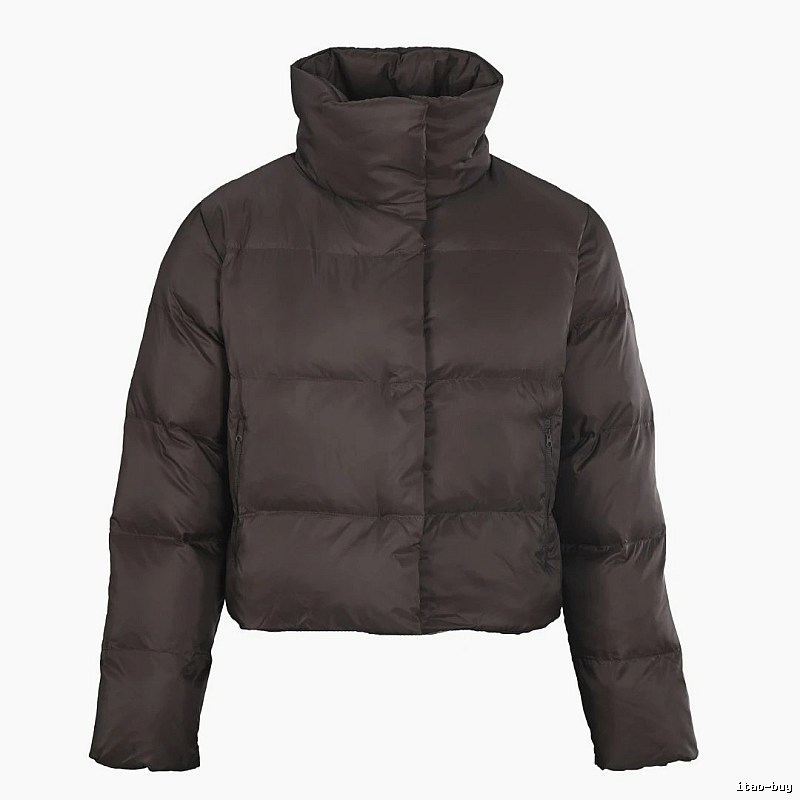 Travel Stand-Collar Puffer Jacket - horizontal quilting and a clean short winter fit
