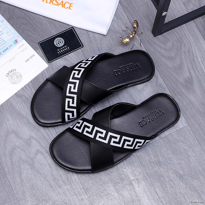 Versace Greek Key Casual Style Black Slide Sandals